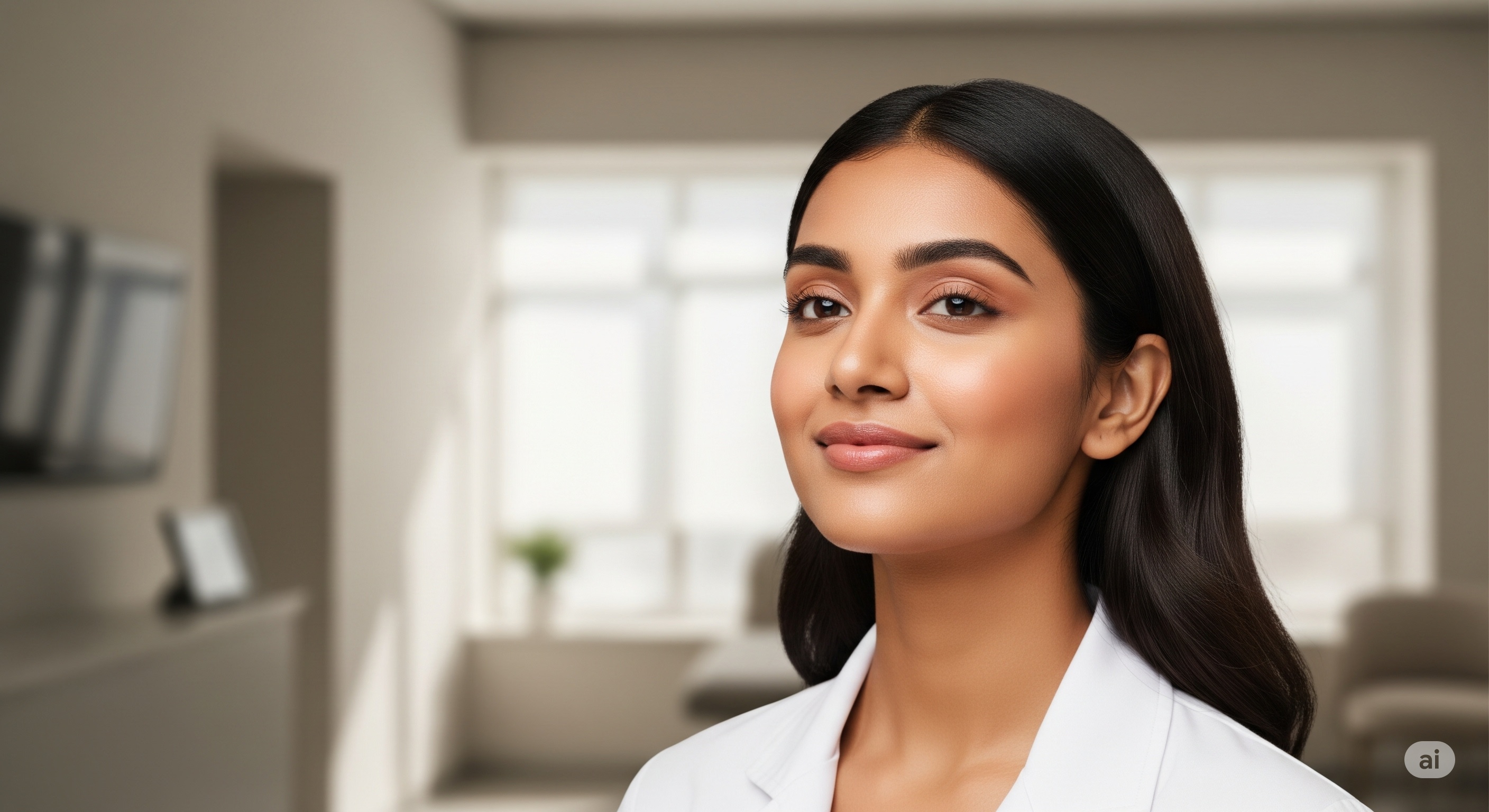 Professional woman in white coat with glowing skin in modern clinic setting